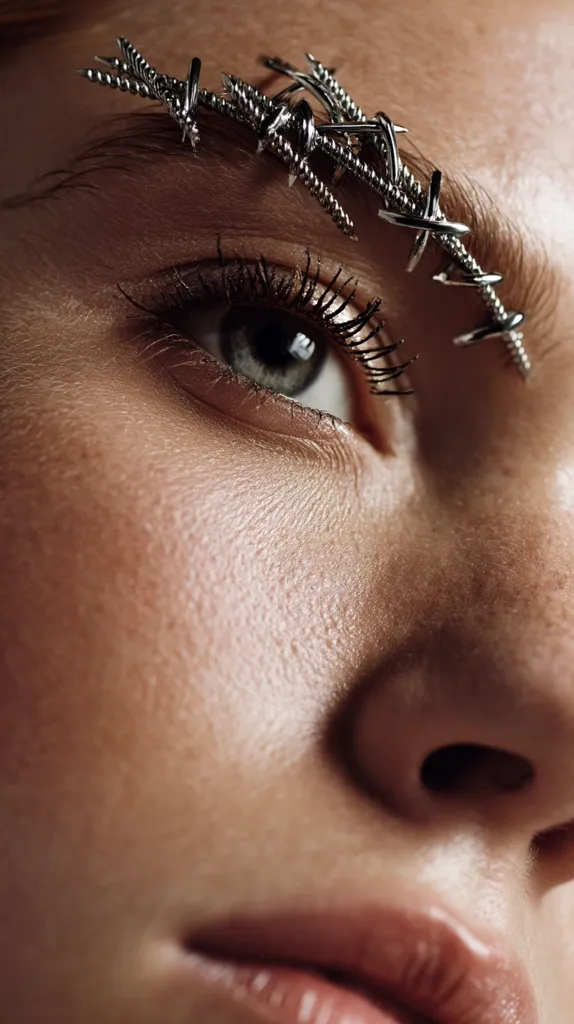 Close-up of a woman's face, showcasing detailed skin texture.  A unique makeup design features a metallic, barbed-wire-like adornment applied above her eyebrow, extending towards her temple.  Her eye is partially visible, with dark mascara and subtle makeup enhancing her features. The overall aesthetic is edgy and artistic.
