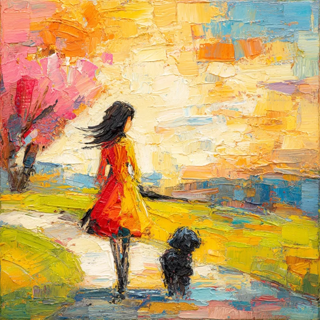 A vibrant impasto painting depicts a woman in a red and yellow dress walking away from the viewer, accompanied by a small dark dog.  The background is a lively landscape of swirling yellows, oranges, and blues suggesting a sunset or sunrise.  A pink flowering tree is visible to the left. The style is expressive and loosely brushed, emphasizing texture and color.