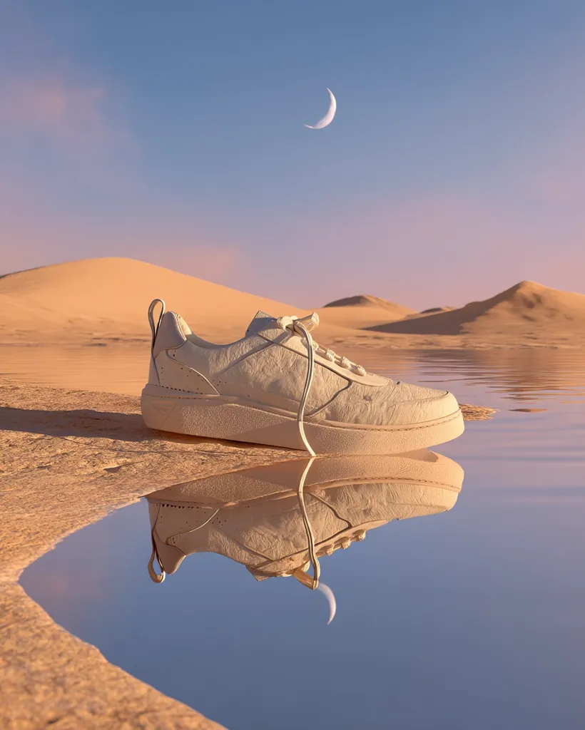 A lone, cream-colored sneaker rests on the edge of a tranquil desert pool.  The shoe's reflection mirrors perfectly in the still water, creating a serene and minimalist image.  Sand dunes stretch across the horizon under a clear sky, punctuated by a slender crescent moon. The scene evokes a sense of calm and solitude.