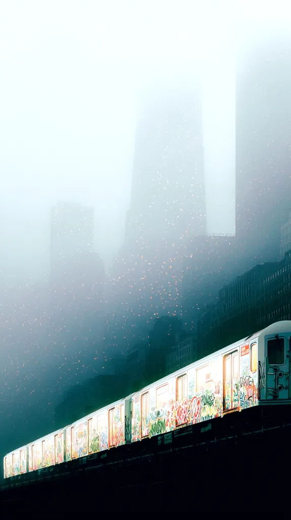 A long subway train, heavily graffitied with vibrant colors, moves through a foggy cityscape.  Tall buildings loom in the background, obscured by a thick mist. The scene is atmospheric and evocative, hinting at an urban environment shrouded in mystery.  The contrast between the bright graffiti and the muted fog creates a striking visual effect.