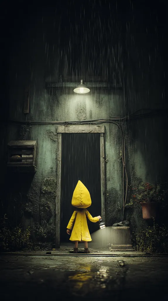 A small figure in a yellow raincoat stands before a dark doorway under a dimly lit lamp.  Rain falls heavily, reflecting in puddles on the wet ground. The setting is a gloomy, aged alleyway, creating a mysterious and somewhat ominous atmosphere. The child holds a lantern, casting a small pool of light. The overall mood is evocative of a suspenseful narrative.