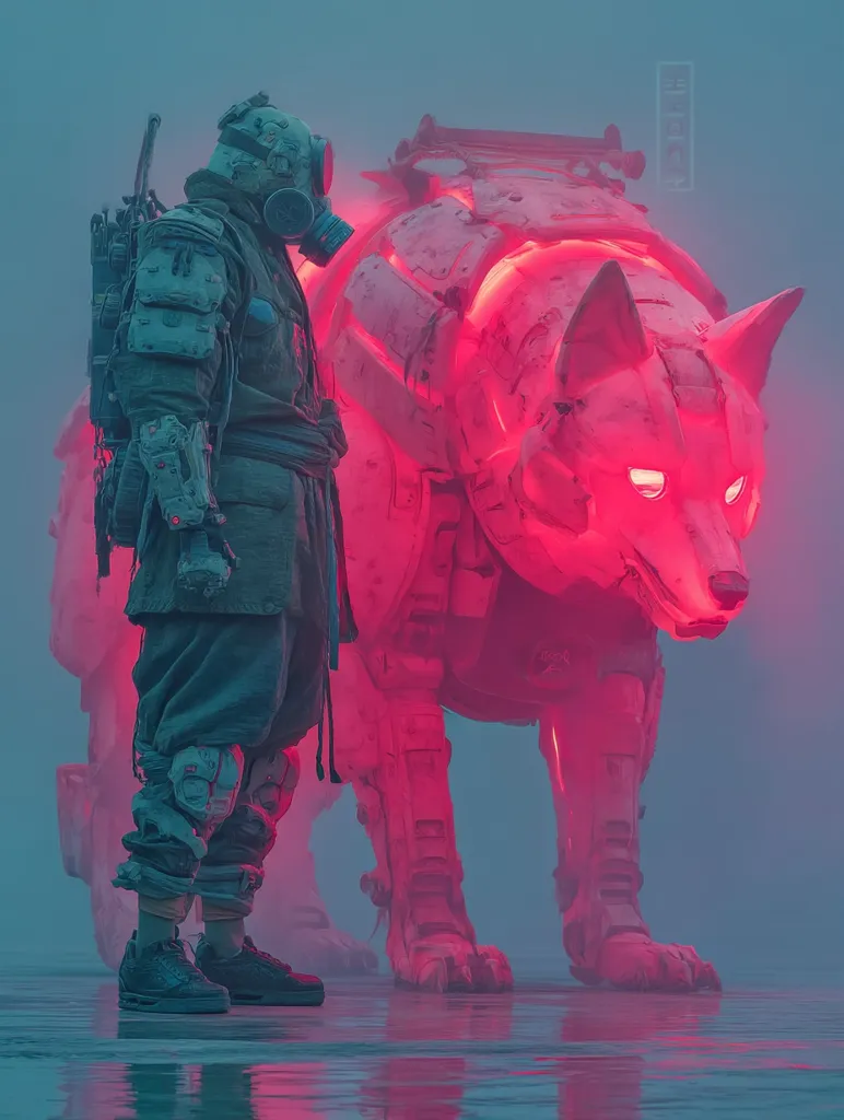 A futuristic figure in a gas mask and armored clothing stands beside a glowing, bioluminescent robotic wolf in a misty, cyberpunk-styled setting.  The wolf,  a pinkish-red, appears mechanical yet organic, its glowing eyes adding to the surreal atmosphere. The human figure's attire blends traditional and technological elements, creating a contrast against the vibrant wolf. The scene is reflective, with the figures and their surroundings mirrored on a wet surface.