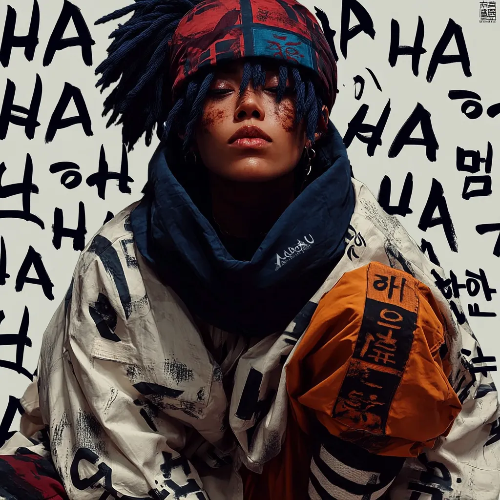 A stylized portrait showcases a young woman, her face adorned with subtle freckles, gazing directly at the camera.  Her dark blue dreadlocks peek from under a vibrant red, blue, and black patterned bandana.  She's dressed in a layered outfit featuring an off-white jacket with abstract black markings and an orange sleeve with Asian characters.  The background is a chaotic scribble of repeated "HA" in various fonts and languages.  The overall aesthetic is one of edgy urban fashion.