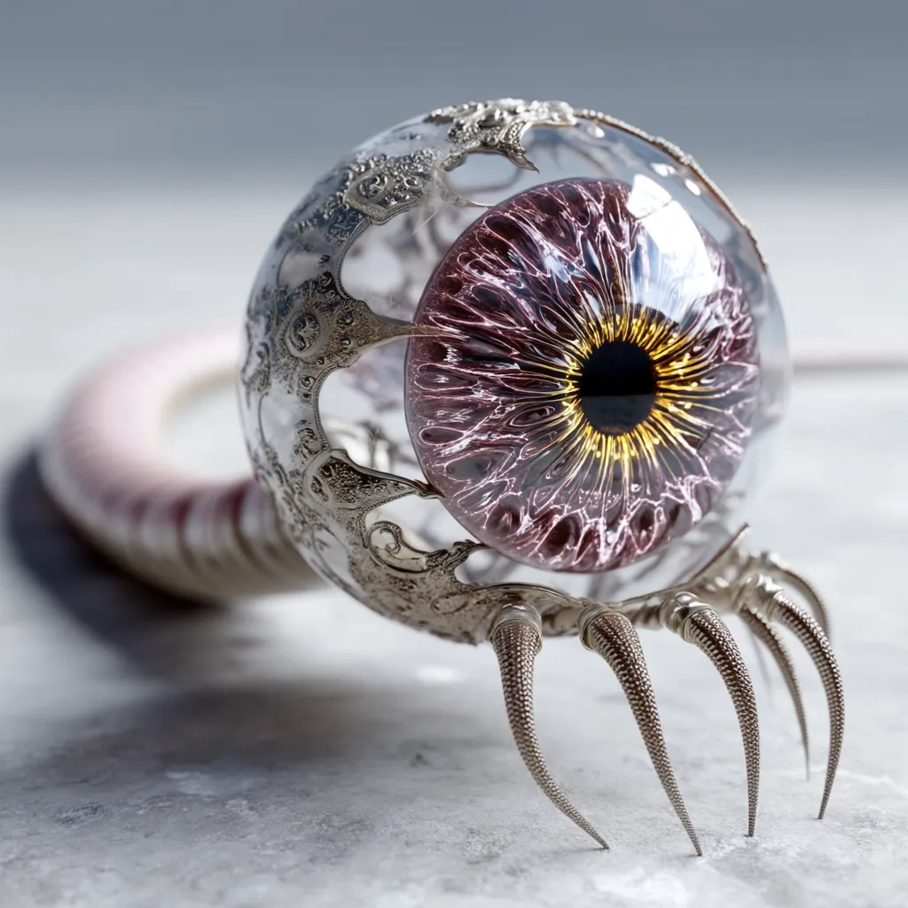 A digital rendering showcases a bizarre, eye-like object.  Encased in an ornate, silver filigree sphere, a large, detailed eye with a purplish iris and gold-tinged pupil is prominently featured. The sphere is attached to a sinuous, pale pink appendage ending in silver, clawed feet. The overall aesthetic blends biomechanical elements with a gothic or steampunk style, creating a striking and unusual image.