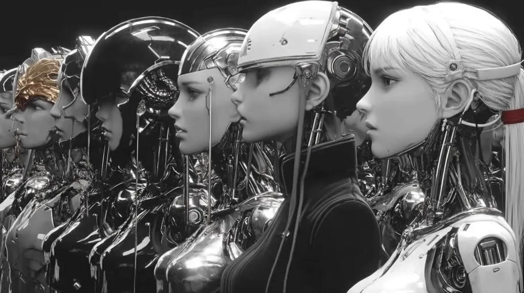 A row of sleek, chrome androids stand in profile, their faces and bodies meticulously detailed.  Each android features a unique helmet or headpiece, showcasing a variety of designs. The grayscale palette emphasizes the metallic textures and the almost human-like features of the robots, creating a striking visual contrast.  The image evokes a futuristic, possibly dystopian, atmosphere.