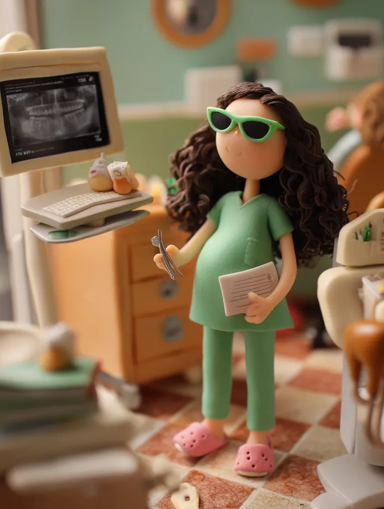 A pregnant clay figurine dentist, wearing green scrubs and sunglasses, stands in a miniature dentist's office.  She holds dental tools and a patient's chart.  A computer screen displays a dental X-ray. The scene is detailed and charming, capturing a whimsical representation of a dental practice.  The miniature setting includes a dental chair and other office paraphernalia.