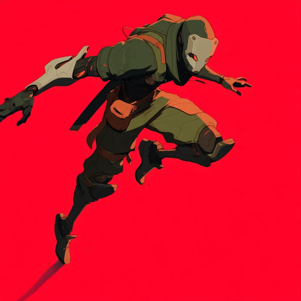 A stylized illustration depicts a futuristic ninja-like figure mid-leap against a vibrant red backdrop.  Clad in olive green and grey armored clothing, the character possesses a sleek, almost robotic aesthetic.  The figure's face is obscured by a helmet, adding to a sense of mystery and action.  The dynamic pose and bold color contrast create a visually striking image.