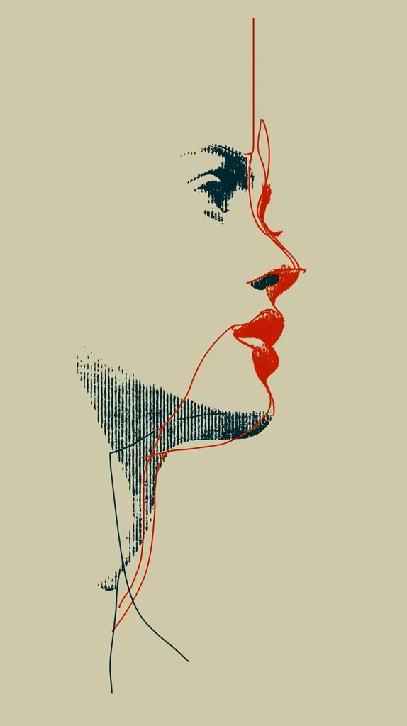 A stylized profile portrait of a woman's face.  Dark teal stippling creates texture and form, while thin red lines accentuate the features, particularly the lips. The overall effect is minimalist and elegant, creating a sense of both strength and vulnerability.  The background is a muted beige, allowing the figure to stand out prominently.