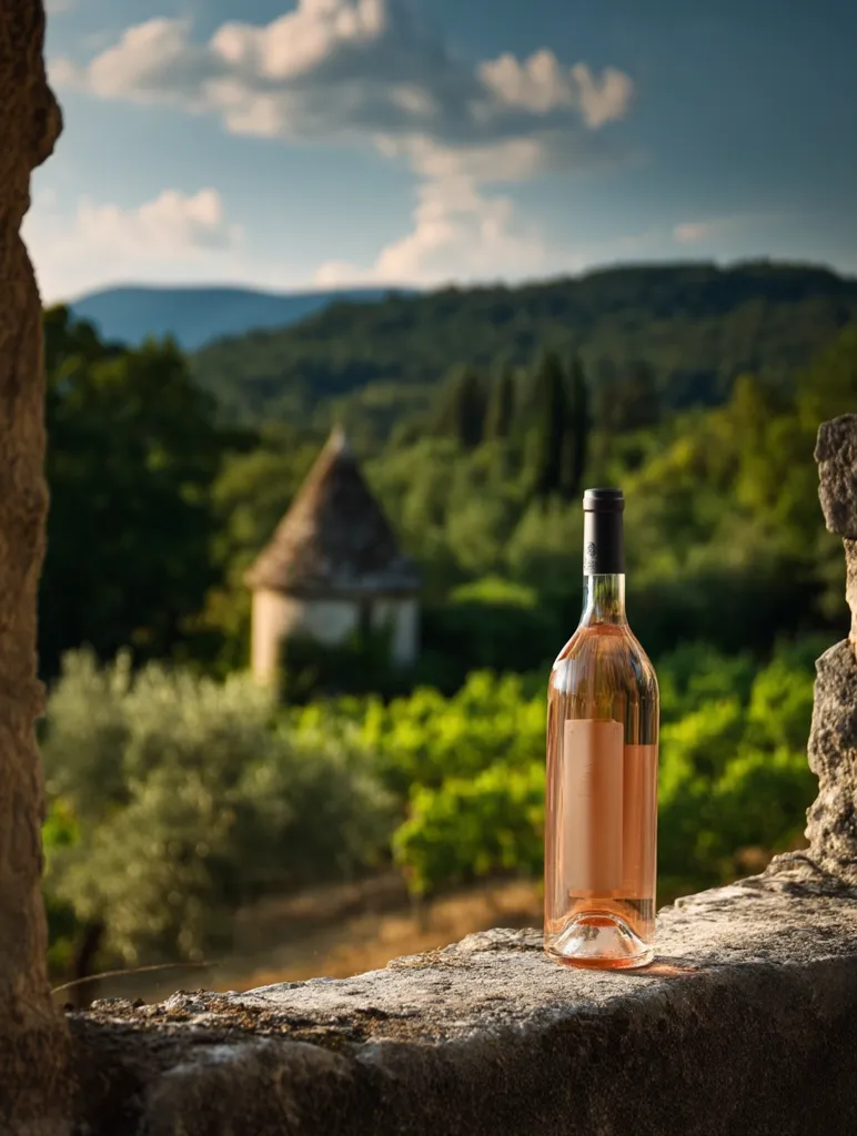 A bottle of rosé wine sits on a stone wall, overlooking a picturesque vineyard and rolling hills under a partly cloudy sky.  The sunlit landscape suggests a tranquil, idyllic setting in a wine-growing region. The stone wall and the bottle's placement create a sense of peaceful contemplation.  The focus is sharply on the wine bottle, with the background gently blurred.