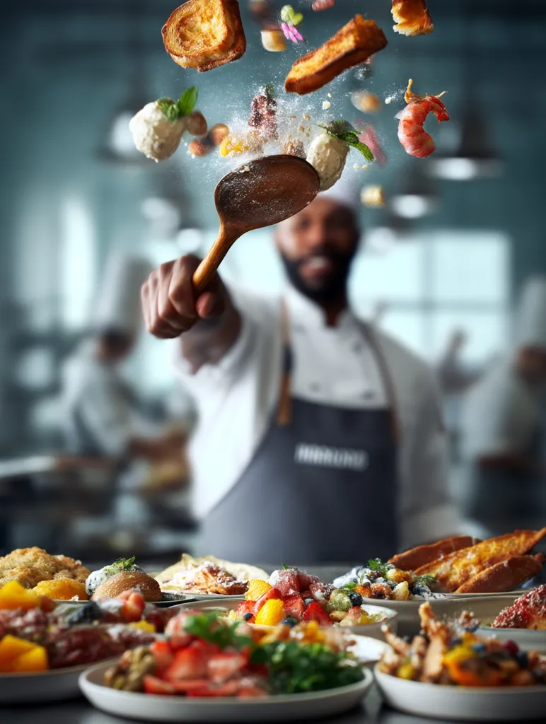 A chef expertly tosses various ingredients—fruit, French toast, and shrimp—high in the air with a wooden spoon.  The delicious components are frozen mid-flight, creating a dynamic image. In the blurred background, a bustling kitchen and other prepared dishes are visible, emphasizing the vibrant culinary scene. The focus is sharply on the tossed food and the chef's hand, showcasing the skill and artistry of the cooking process.