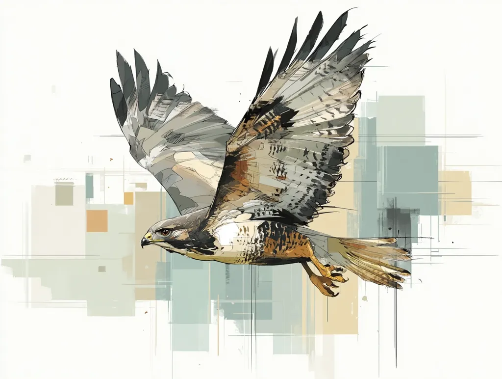 A stylized illustration depicts a hawk in flight against an abstract background. The hawk's wings are spread wide, showcasing intricate details of its feathers.  The color palette is muted, with browns, grays, and beige tones dominating. The background features geometric shapes and lines, creating a sense of motion and depth. The overall style is a blend of realism and abstraction.