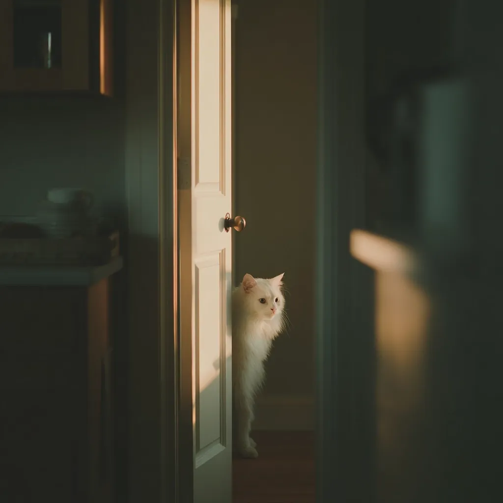 A fluffy white cat peeks from behind a partially open door, bathed in warm sunlight.  The cat's body is mostly in shadow, highlighting its soft fur. The setting appears to be a dimly lit kitchen or hallway. The overall mood is serene and slightly mysterious.
