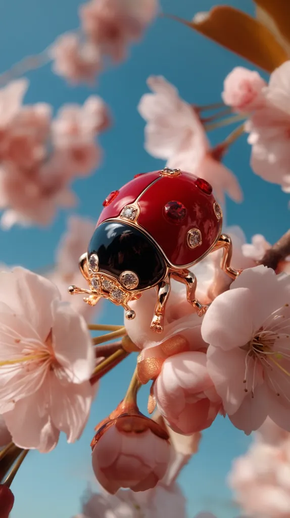 A detailed close-up captures a jeweled ladybug brooch delicately perched on a branch adorned with soft pink cherry blossoms.  The ladybug, crafted with red enamel and sparkling crystals, boasts a black head and gold legs.  The vibrant colors of the brooch contrast beautifully with the delicate pastel hues of the blossoms against a clear blue sky.  The image evokes a sense of springtime elegance and refined detail.