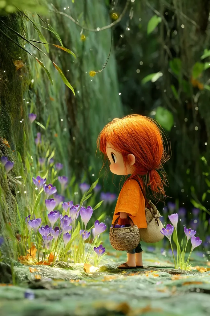 A charming 3D-rendered girl with vibrant orange hair and an orange robe stands amidst a lush, green forest.  She holds a small woven basket filled with purple crocuses, her expression serene as she gazes at the flowers.  Tiny particles float in the air, adding a magical, ethereal quality to the scene. The overall mood is peaceful and whimsical.