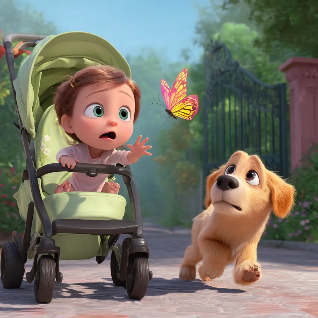 A cute, wide-eyed baby girl in a green stroller watches a vibrant pink and yellow butterfly flutter by.  A fluffy golden retriever puppy approaches them, also seemingly captivated by the insect. The scene is set outdoors on a paved path, with lush green foliage and a wrought-iron gate in the background.  The overall style is that of charming 3D animation.