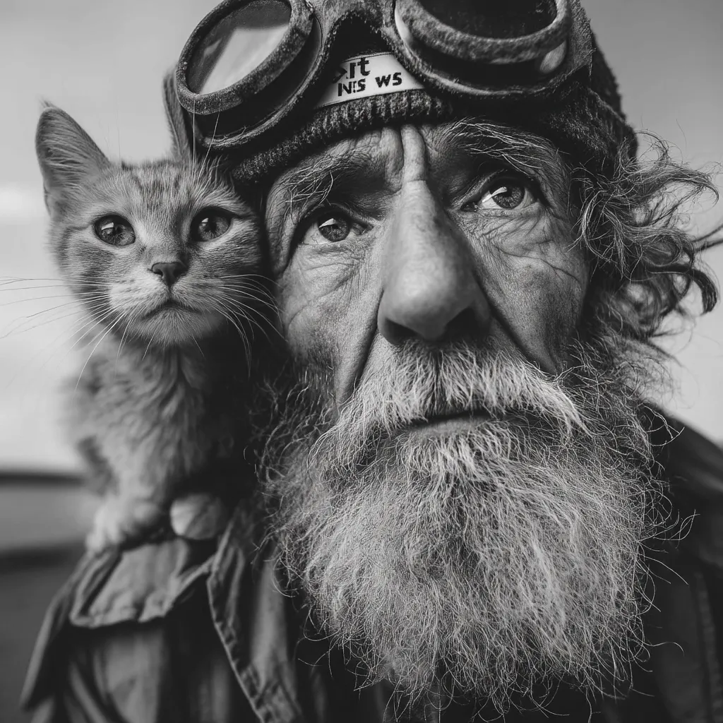 A black and white close-up shot depicts an elderly man with a long, white beard and goggles perched on a knit cap.  A small kitten sits on his shoulder, its gaze directed slightly away. The man's weathered face shows deep lines and a pensive expression. The image creates a poignant contrast between the man's age and the kitten's youth, suggesting a bond of companionship.
