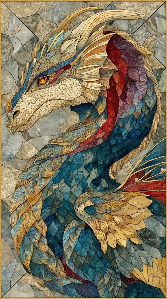 A stunning stained-glass style artwork depicts a dragon in profile.  Its scales shimmer in blues, golds, and reds, arranged in intricate patterns reminiscent of mosaic tiles. The dragon's head is subtly detailed, its eye catching the light, while its body curves gracefully, suggesting movement and power. The background features a muted geometric pattern, complementing the dragon's vibrant colors. The overall effect is both majestic and serene.
