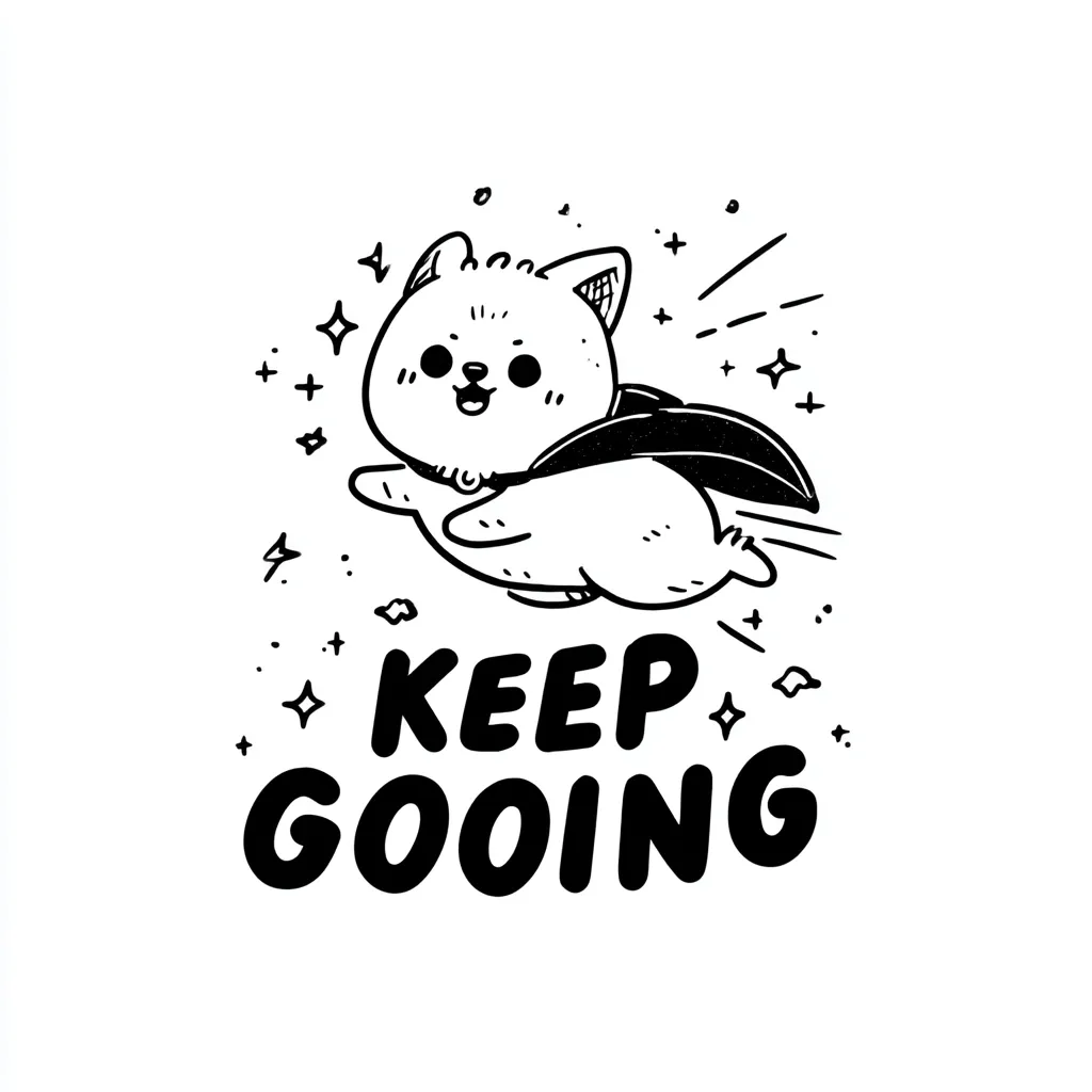 A hand-drawn illustration features a cute, cartoon dog wearing a cape and flying.  The dog has a cheerful expression, and sparkles surround it, suggesting movement and magic. Below the dog, the phrase "KEEP GOING" is boldly written in a playful font. The overall style is whimsical and encouraging.