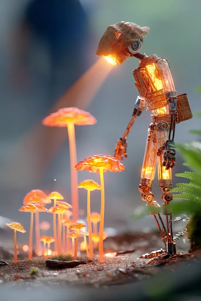 A glowing, copper-wire robot, resembling a steampunk figure, walks among a cluster of luminous, orange mushrooms.  The robot's head is a lamp, casting a warm light on the fantastical scene.  The mushrooms stand tall with slender stems, emitting a soft orange glow. The overall image creates a magical and whimsical atmosphere.
