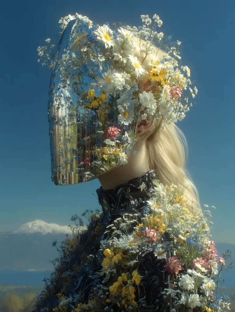 A blonde woman, adorned in a dark, textured garment entirely covered in wildflowers, wears a mirrored face mask also decorated with blossoms.  The mask obscures her features, creating a mysterious and ethereal effect.  A distant mountain range is visible under a bright blue sky, enhancing the surreal and dreamlike atmosphere of the image.