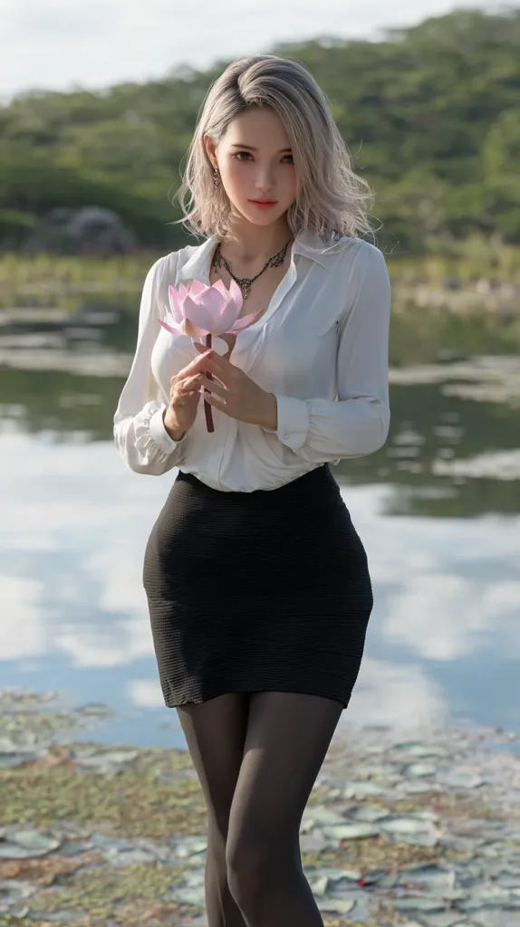 A young woman with shoulder-length silver hair stands by a tranquil lake. She's dressed in a white long-sleeved blouse and a black mini skirt, complemented by black opaque tights.  She gently holds a delicate pink lotus flower, her expression serene and captivating. The background features a serene lakeside scene with lush greenery.