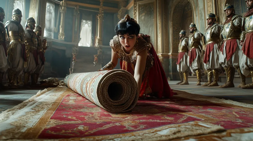 A woman in a richly adorned red and gold dress is meticulously unrolling a large, intricately patterned carpet in a grand palace.  She kneels, her expression focused, as soldiers in ornate golden armor stand in disciplined ranks behind her, forming a stark contrast to the opulent setting. The scene evokes a sense of regal ceremony or preparation for an important event.