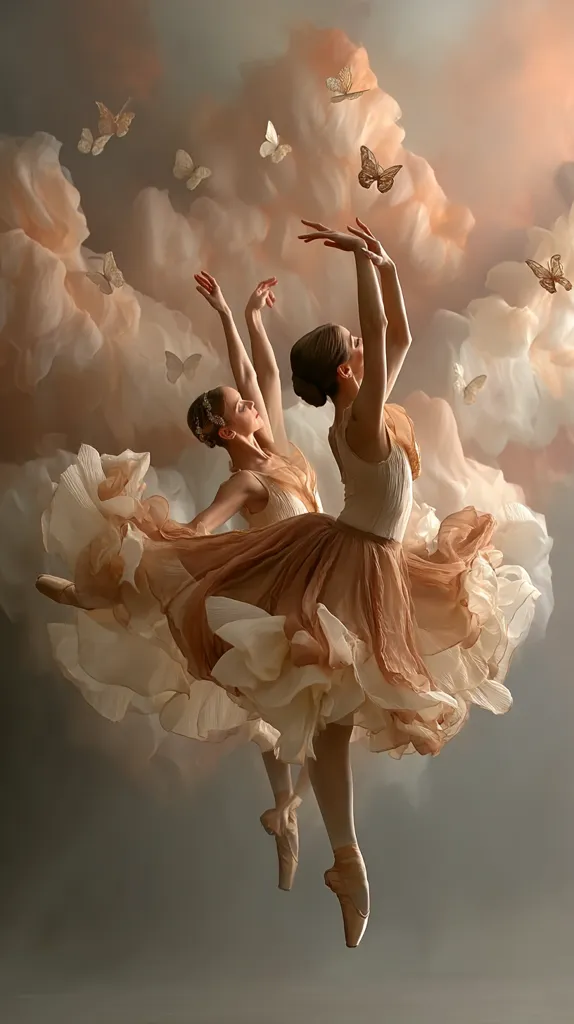 Two ballerinas, in flowing peach tutus, appear to float amidst a dreamy cloudscape.  Butterflies flutter around them, enhancing the ethereal atmosphere.  The dancers' graceful poses and the soft, muted colors create a sense of serene beauty and weightlessness. The overall image evokes a feeling of fantasy and delicate artistry.
