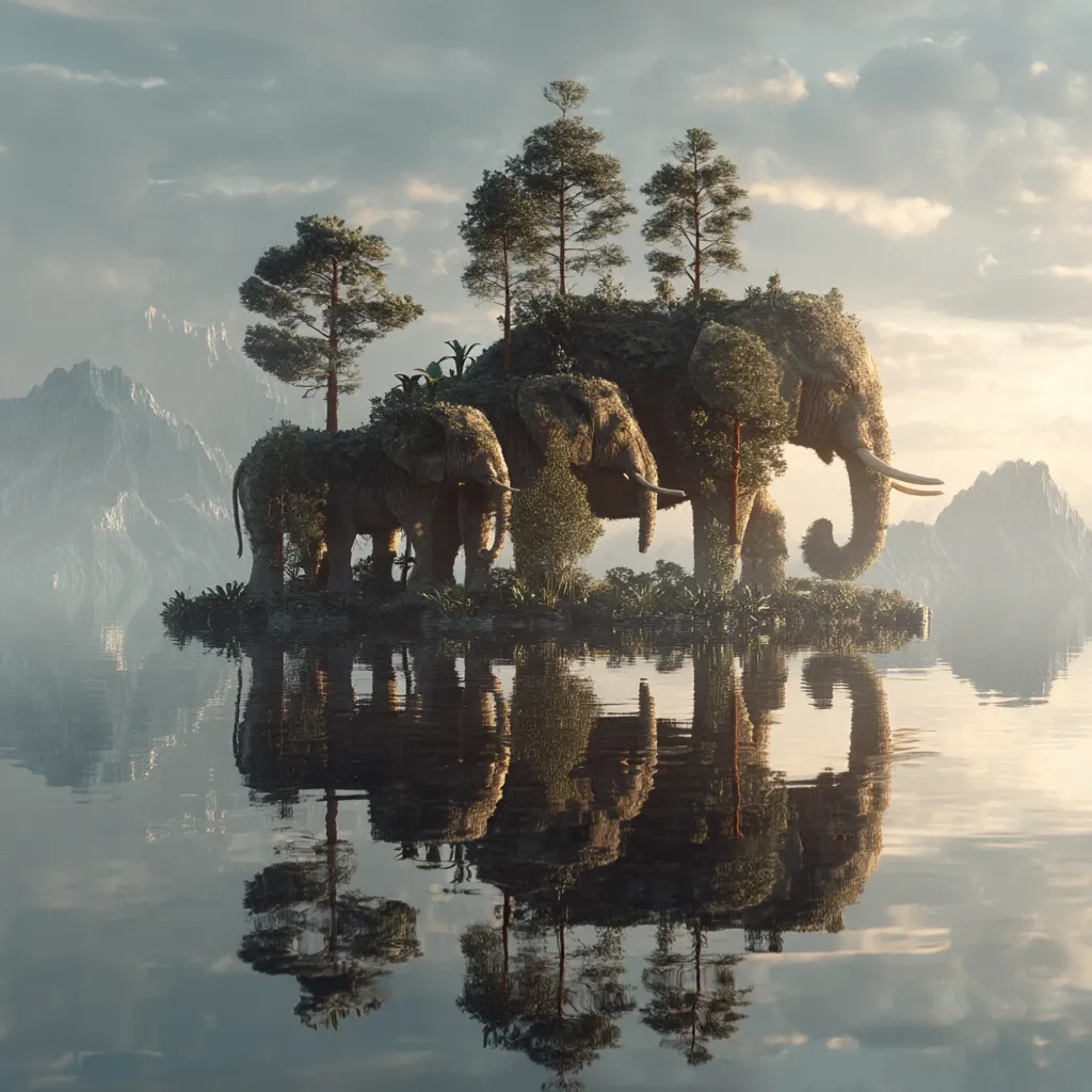 A serene digital artwork depicts three elephants, seemingly formed from stone and overgrown with lush vegetation, standing on a small island in a calm lake.  The island is a miniature ecosystem, complete with trees.  Mountains rise in the background under a soft, cloudy sky. The scene is mirrored perfectly in the still water, creating a double image of tranquil beauty.