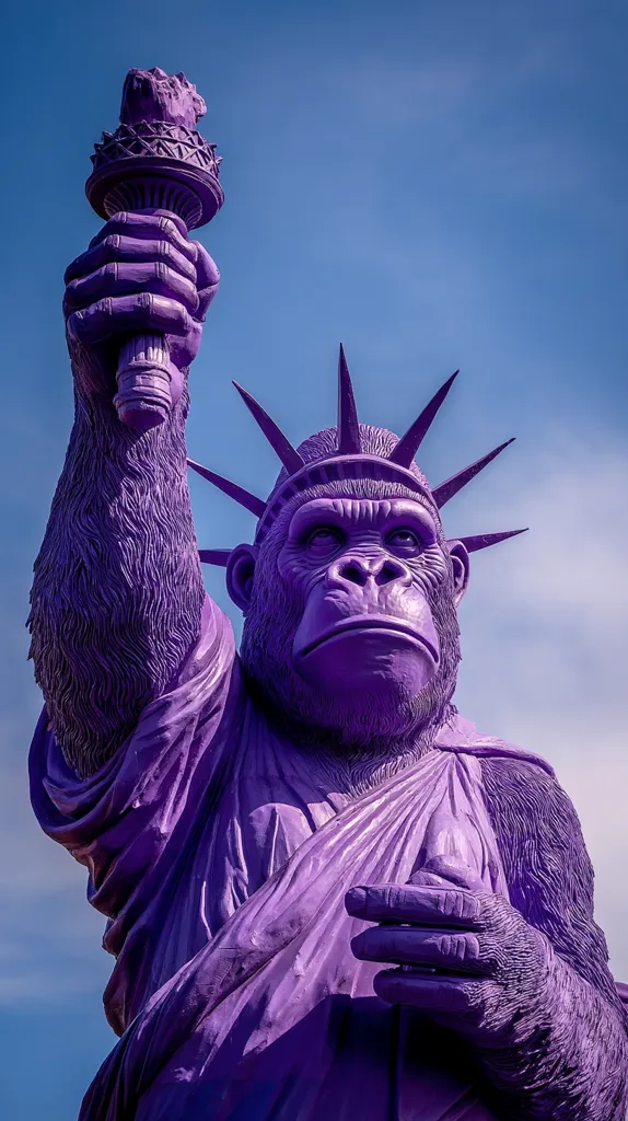 A vibrant purple statue, resembling the Statue of Liberty but with a gorilla's head, stands against a clear blue sky.  The gorilla holds a torch aloft, its powerful form dominating the frame. The statue's detailed texture and the contrast against the sky create a striking image.  The purple hue is uniform across the entire figure, creating a surreal and memorable scene.