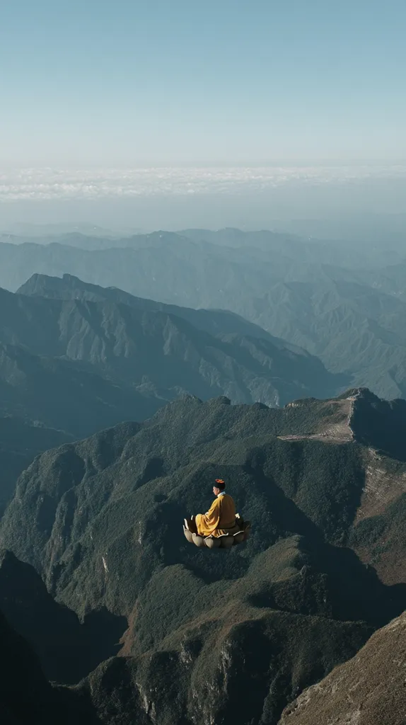 A serene figure, cloaked in a golden robe, meditates atop a lotus-shaped platform.  Suspended in the air, they overlook a vast, undulating expanse of mountains stretching to the hazy horizon under a clear blue sky. The scene evokes a sense of peace and spiritual transcendence amidst the majestic natural landscape.