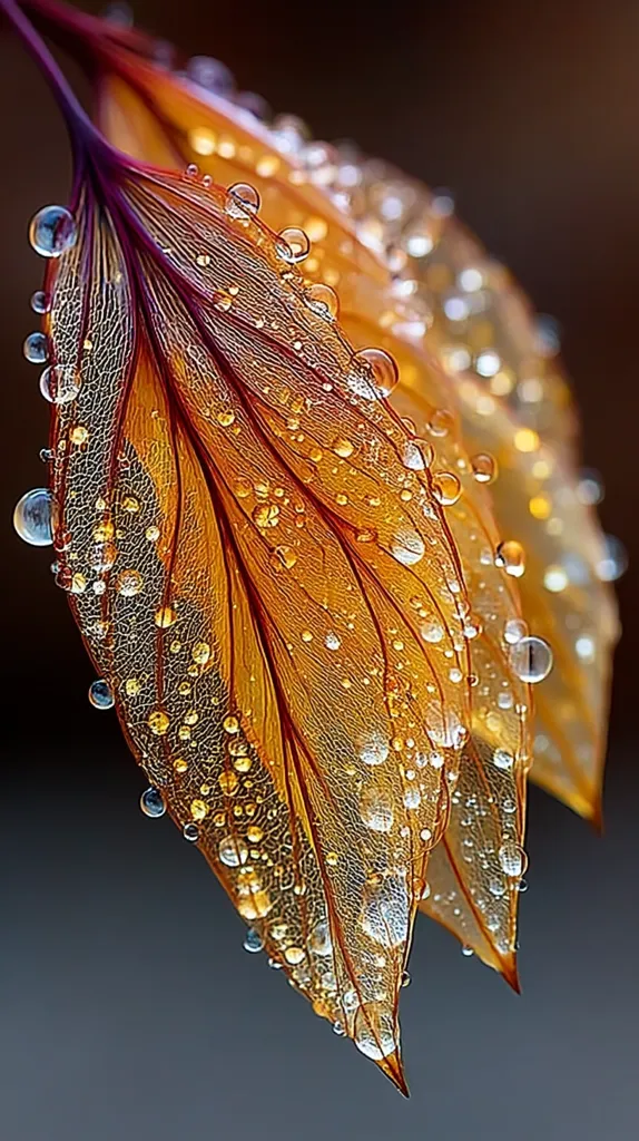Two delicate, translucent leaves, amber and orange in hue, are adorned with countless water droplets.  The intricate vein structure of the leaves is highlighted by the glistening beads of water, creating a stunning display of nature's artistry.  The leaves hang gracefully, their tips pointed downwards, against a blurred background.  The overall effect is one of exquisite beauty and ethereal fragility.