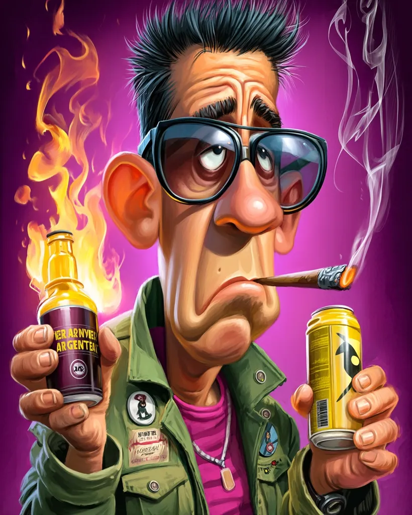 A caricature of a man with exaggerated features, sporting dark sunglasses and a green jacket, is depicted. He holds a flaming bottle labeled "VER ARNVIE AR GENTEAT" in one hand and a yellow can in the other.  He simultaneously smokes a cigar, exhaling smoke into the purple background. The overall style is vibrant and cartoonish.