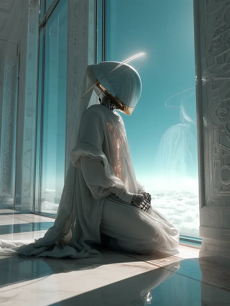 A robotic figure, clad in flowing white robes and a metallic helmet adorned with a circular halo, kneels before a large window.  The window offers a breathtaking view of a serene landscape of clouds stretching to a teal sky. The scene is set within a minimalist, white architectural space, conveying a sense of peace and contemplation in a futuristic, ethereal setting.