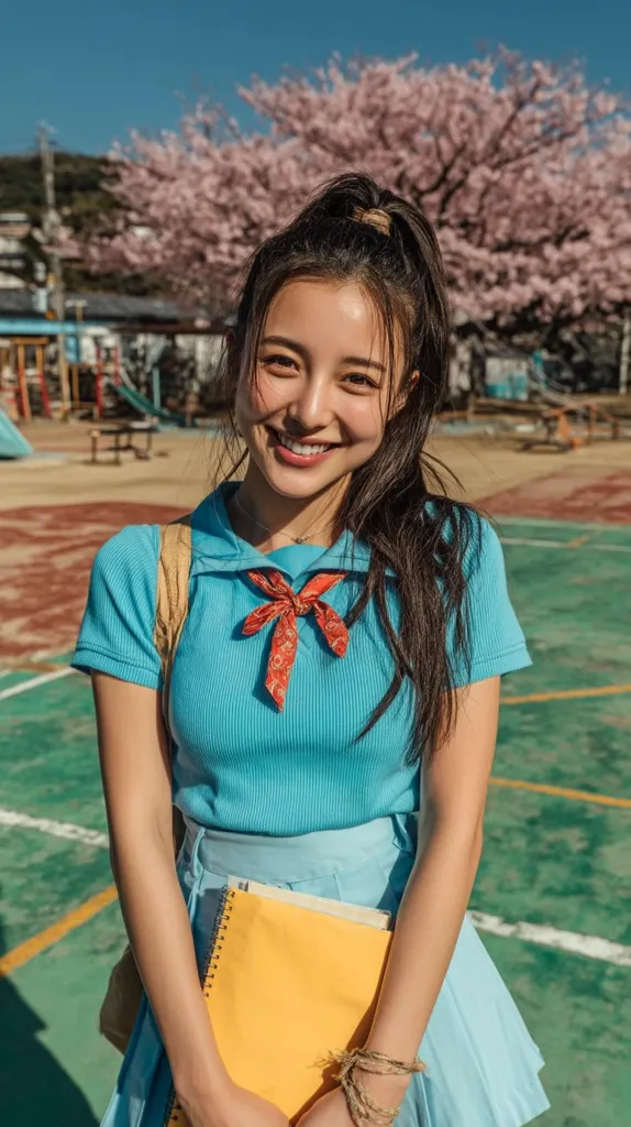 A young woman with long dark hair tied in a ponytail smiles warmly. She's wearing a light blue collared shirt with a red patterned neckerchief, and a matching light blue pleated skirt.  She holds a yellow notebook to her chest.  A blossoming pink cherry tree provides a backdrop to the outdoor scene, suggesting springtime.  She stands on a green outdoor court near a playground.