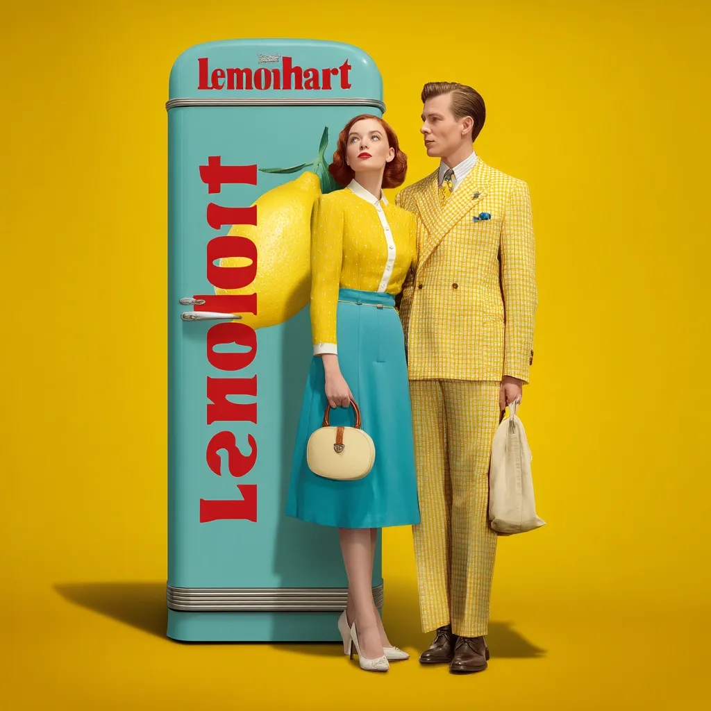 A stylish couple in 1950s attire stands next to a teal refrigerator adorned with a large lemon and the word "Lemohart" in red lettering.  The woman wears a yellow sweater, teal skirt, and carries a cream-colored handbag.  The man is dressed in a matching yellow checkered suit. The scene is set against a vibrant yellow backdrop, creating a retro aesthetic.
