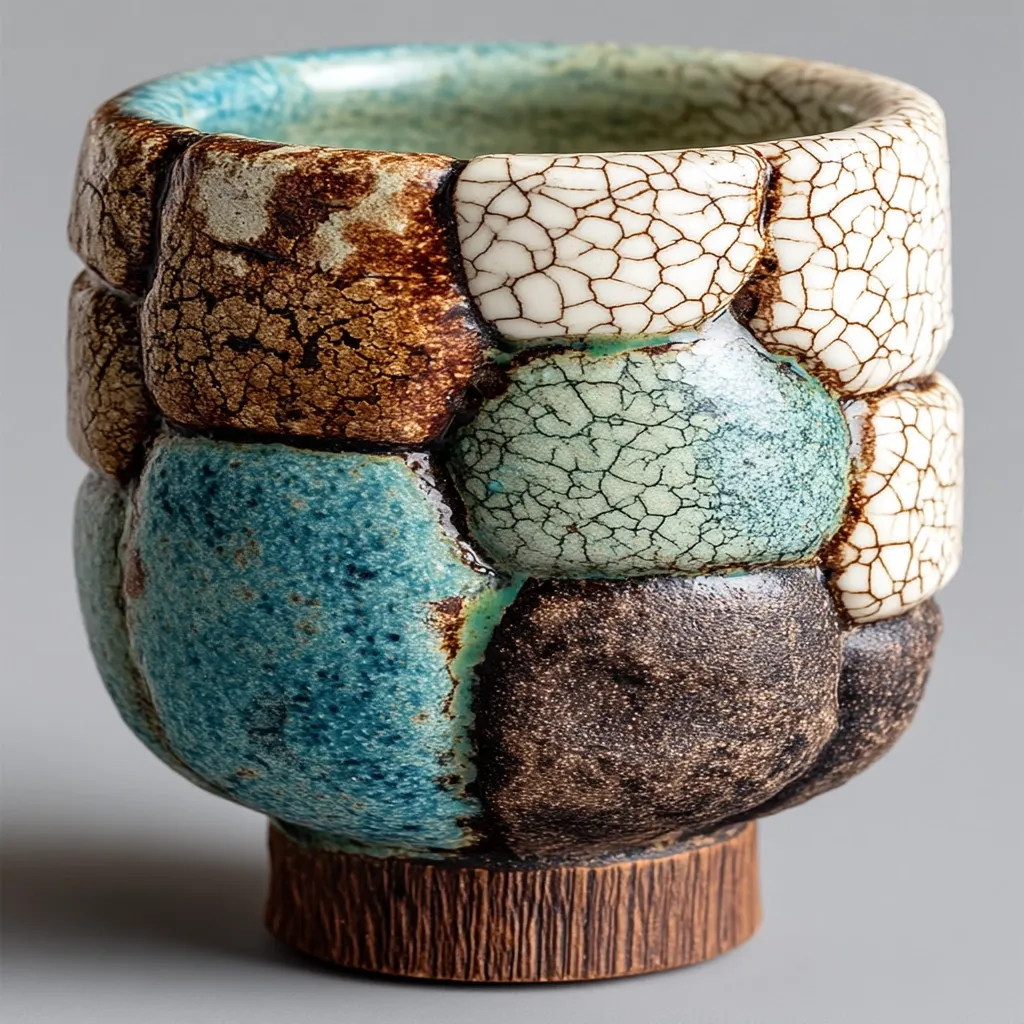 A handcrafted ceramic cup boasts a unique design. Its exterior is composed of numerous pebble-like sections, each glazed in varying shades of teal, brown, and off-white, showcasing a crackle glaze effect.  The base is a darker brown, textured wood-like finish.  The overall aesthetic is rustic and artistic, suggesting a handmade quality.