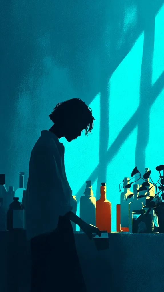 A stylized illustration depicts a silhouetted person standing before a counter, illuminated by a teal light filtering through a window.  Bottles and jars are arranged on the counter, hinting at a bar or apothecary setting.  The figure's posture suggests contemplation or weariness. The overall mood is somber and atmospheric, emphasizing solitude and a dimly lit interior.