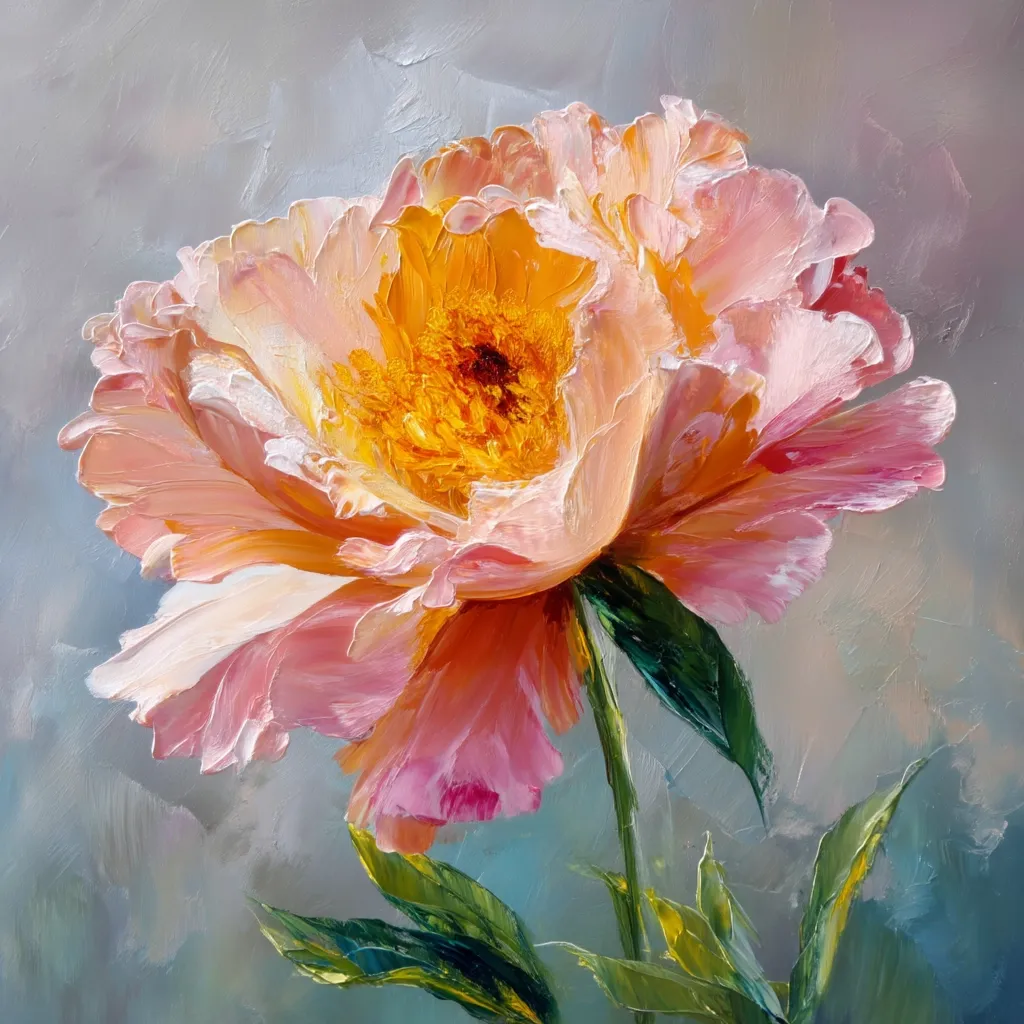 A vibrant oil painting showcases a single, large peony in shades of peach and yellow.  The artist uses impasto technique, creating visible brushstrokes and texture.  The flower's petals are delicately rendered, with a luminous yellow center. The background is a soft, muted grey-blue, providing a calming contrast to the flower's boldness. The painting's style is expressive and romantic, emphasizing the flower's beauty and delicate form.