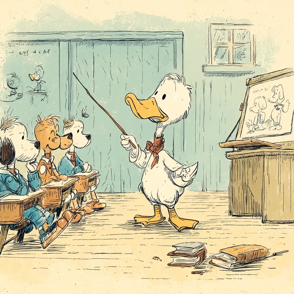 A whimsical illustration depicts a classroom scene.  A white duck, wearing a red bow tie, stands at the front, using a pointer to guide three attentive canine students seated at wooden desks.  The duck teacher points towards a drawing on an easel showcasing canine sketches. The classroom is simple, with a chalkboard and a small window, creating a charmingly nostalgic atmosphere.  Books are scattered on the floor, adding to the playful, slightly chaotic setting.