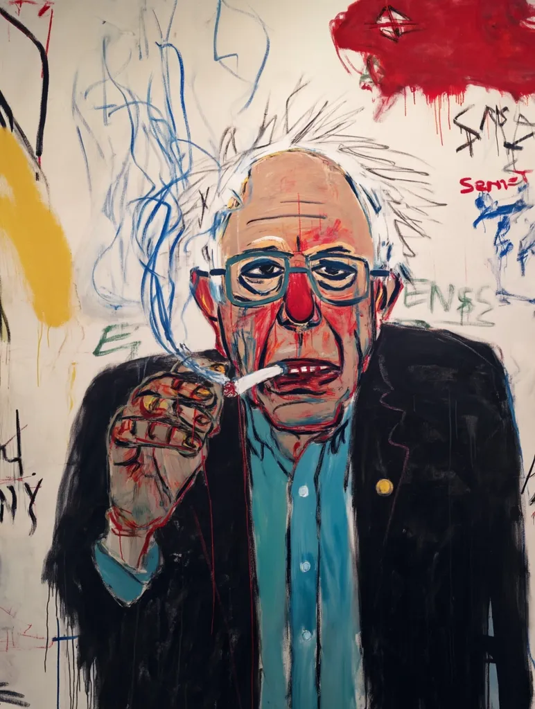 A vibrant, expressive portrait of Bernie Sanders smoking a cigarette.  The painting is executed in a bold, abstract style with thick brushstrokes and a chaotic background of scribbles and splashes of color.  Sanders is depicted with exaggerated features, his face rendered in a palette of reds, pinks, and yellows, contrasting against his dark suit. The overall effect is a striking and somewhat irreverent portrayal of the political figure.