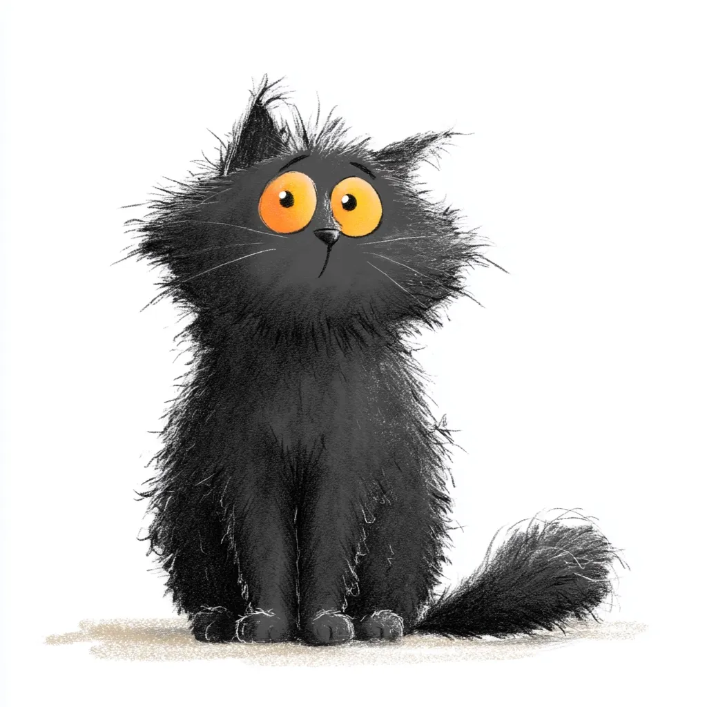 A whimsical illustration of a fluffy black cat with large, expressive orange eyes.  The cat is sitting, its fur appearing slightly unkempt, and it gazes upward with a curious expression. The style is cartoonish and charming, with soft shading and a slightly textured appearance. The background is plain white, making the cat the clear focal point.