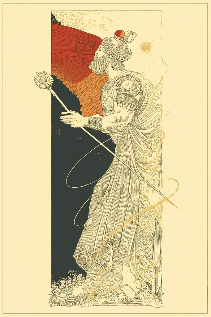 An art deco style illustration depicts a winged figure, possibly an angel or deity, in profile view.  The figure is adorned in elaborate clothing and headwear, holding a staff or scepter.  The wings are a vibrant orange-red, contrasting with the muted tones of the figure's robe.  A celestial background suggests a divine or mystical setting.  The artwork's intricate linework and color palette evoke a sense of grandeur and mythology.