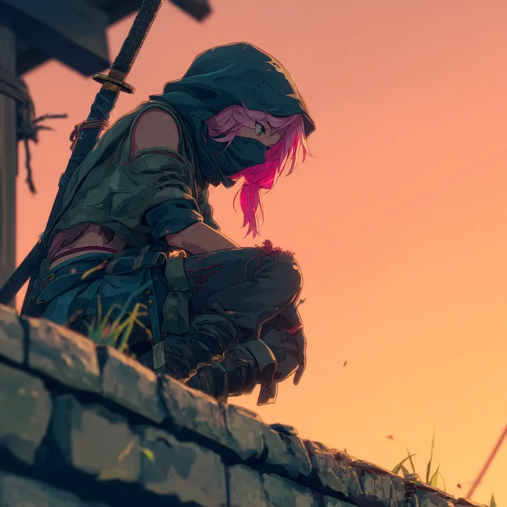 A female anime character with pink hair, wearing a dark hooded jacket and face mask, sits on a low stone wall at sunset.  She carries a katana strapped to her back.  Her clothing is worn and shows signs of battle or wear. The overall mood is melancholic and contemplative, set against a warm, orange sky.  The image is highly stylized, with bold lines and color choices.
