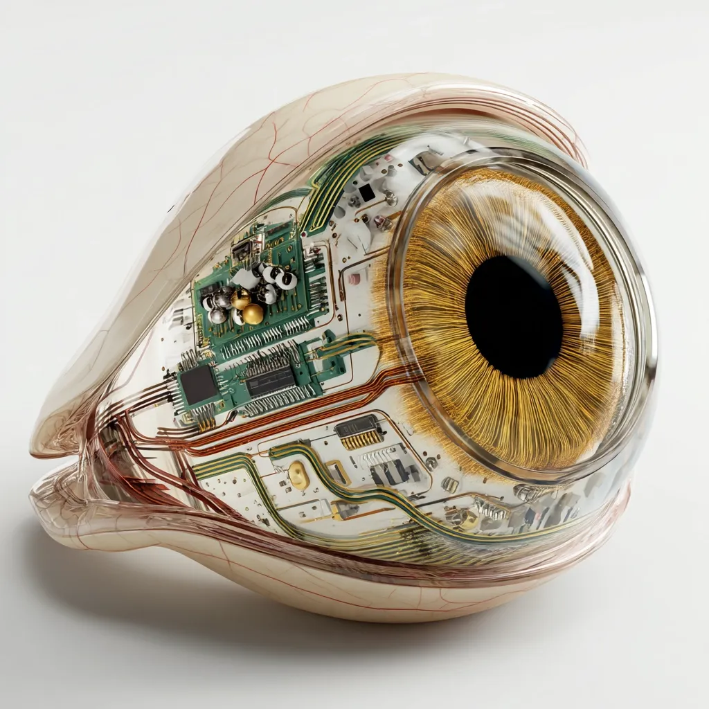 A digitally rendered image showcases a translucent, biomechanical eye.  The eye's interior reveals intricate circuitry and microchips seamlessly integrated with organic-looking structures.  The amber iris and pupil are clearly visible through the transparent casing, creating a striking contrast between technology and biology. The overall design suggests a fusion of natural and artificial elements, representing a futuristic or cybernetic concept.