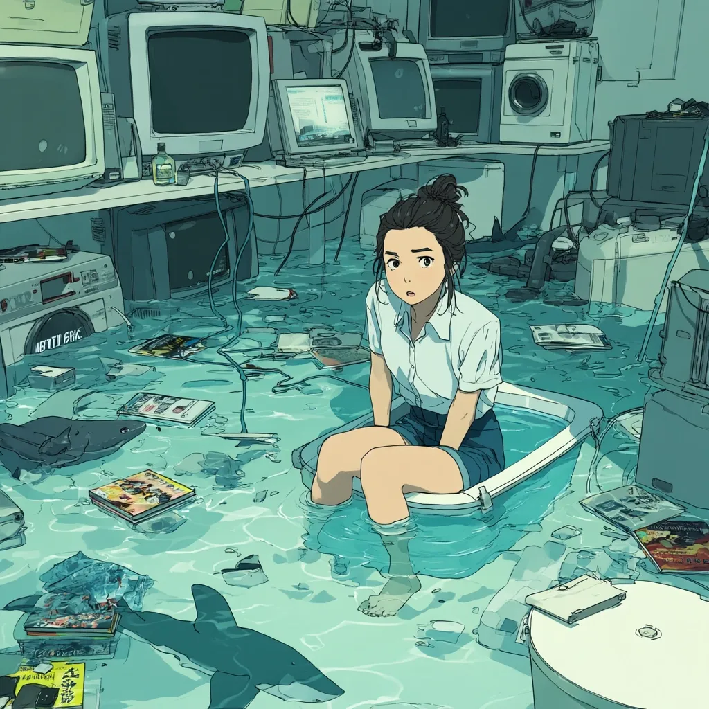 A young woman sits calmly in a bathtub submerged in a flooded room filled with discarded electronics and debris.  Sharks swim amongst the wreckage of old computers, televisions, and other household items.  The scene is a surreal blend of domesticity and disaster, evoking a sense of quiet contemplation amidst chaos. The teal-toned water reflects the ambient light, creating a melancholic atmosphere.