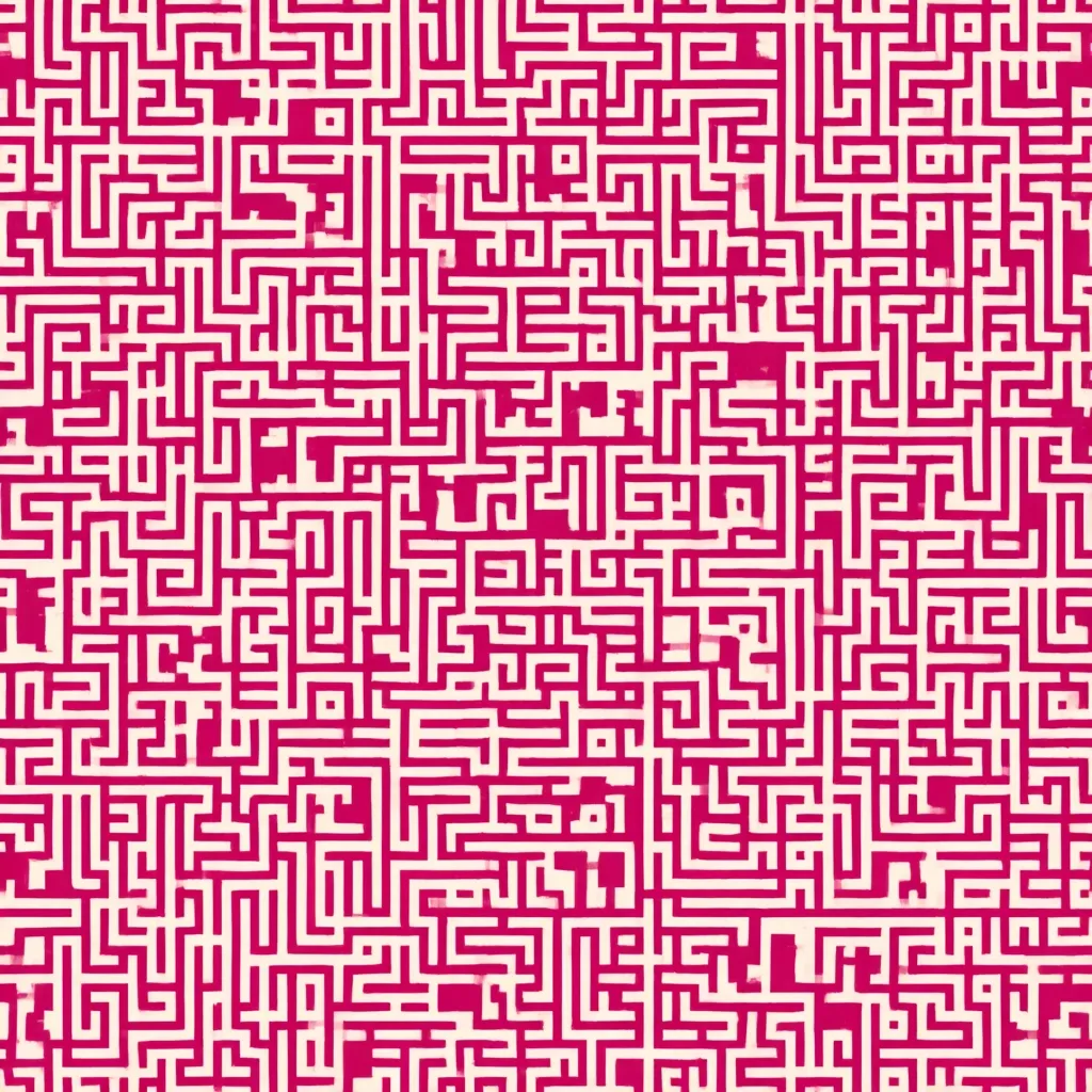 The image shows a complex, densely packed maze pattern.  Crimson-pink lines form the intricate pathways against an off-white background.  The maze is seamless, repeating throughout the image, creating a visually engaging texture.  No clear entry or exit points are discernible within the confines of the presented view. The style is abstract and geometric.