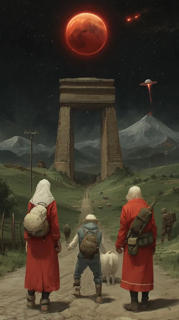 Under a large, blood-red moon and a starry night sky, three figures journey towards a towering ancient archway inscribed "Atrae Alesion."  A UFO hovers in the distance above a volcanic mountain. The travelers, clad in red robes and carrying backpacks, walk a dusty path, accompanied by a small goat.  The scene blends elements of fantasy and science fiction, creating a surreal and mysterious atmosphere.