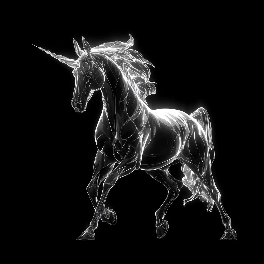 A radiant white unicorn, rendered in a style suggesting glass or energy, is captured mid-stride against a stark black backdrop.  Its flowing mane and tail, along with its single spiraling horn, are intricately detailed. The musculature of the unicorn is visible, adding to the ethereal yet powerful impression.  The image is striking in its simplicity and elegance.