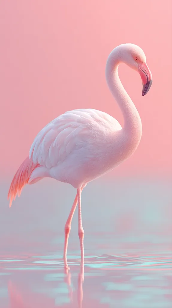 A single flamingo stands in shallow, pastel-colored water.  Its plumage is a soft pink, and its long legs are delicately positioned in the tranquil water. The background is a hazy pink, creating a serene and dreamy atmosphere. The overall image is visually striking due to its soft, muted color palette and the elegant posture of the bird.