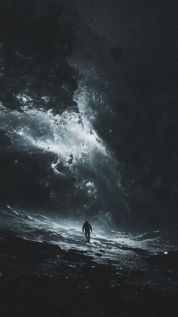 A solitary figure, silhouetted against a dramatic cosmic backdrop, traverses a desolate, moon-like landscape.  The vast, dark sky is punctuated by a swirling nebula of bright, ethereal light.  The scene evokes a sense of isolation and the immensity of space, creating a mood of quiet contemplation and existential wonder. The astronaut-like figure seems dwarfed by the immense scale of the universe.